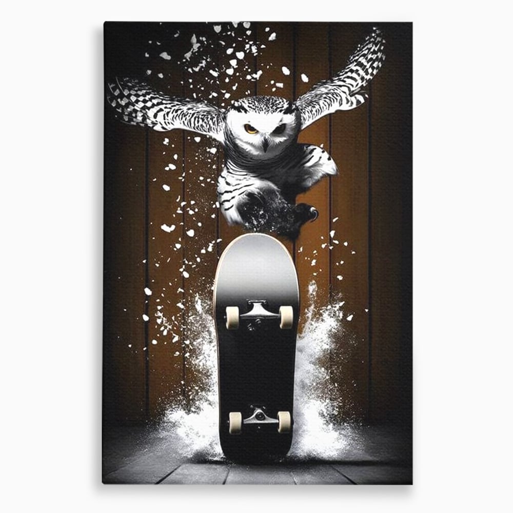 Tablou canvas cu tablou canvas cu bufnita pe skateboard, fara rama, pe sasiu de lemn
